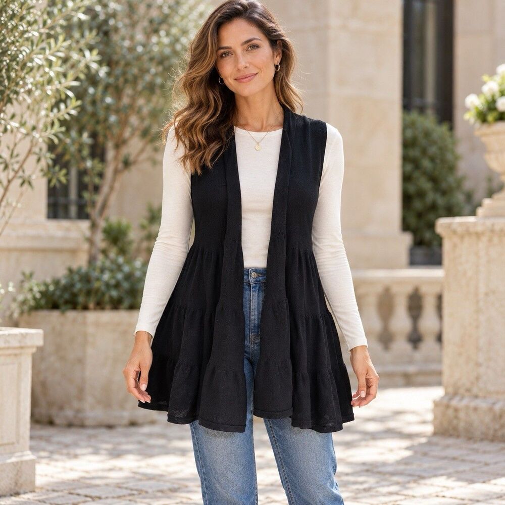 joseph a Sleeveless Black Tiered Ruffle Open Knit Vest cardigan L